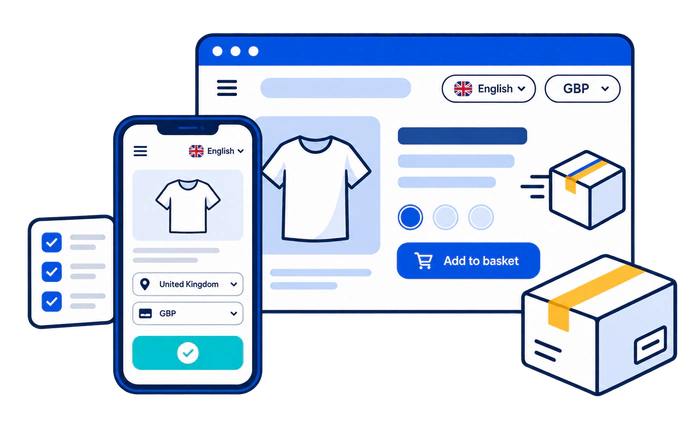A UK store landing page with language, GBP currency, delivery details, and mobile checkout