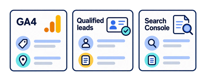 Separate GA4 campaign reporting, qualified-lead review, and Search Console analysis