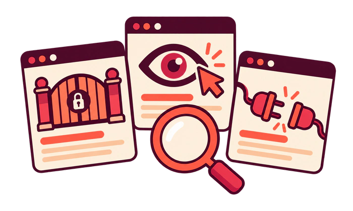 Three pages with distinct problems involving access, search clicks, and measurement