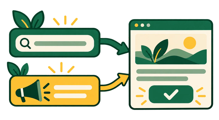 Search and advertising messages leading to a landing page with a clear next action