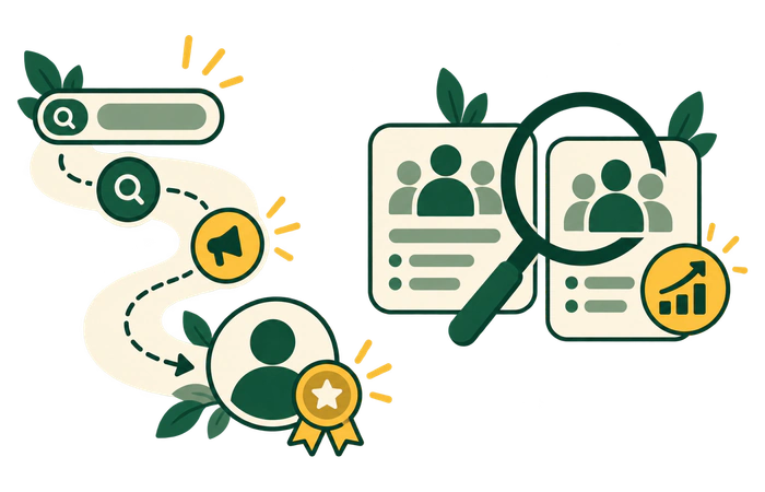 A visitor journey contrasted with audience comparisons used to assess incremental outcomes