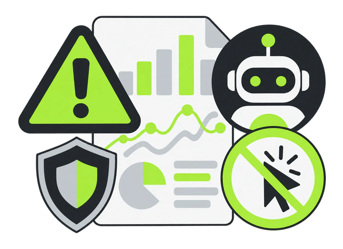 Analytics warnings and a blocked artificial-click symbol illustrating traffic bot risks